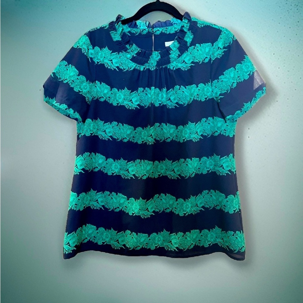 J Crew Size 8 Printed Green Navy Blouse with Accent Ruffled Crew Neck